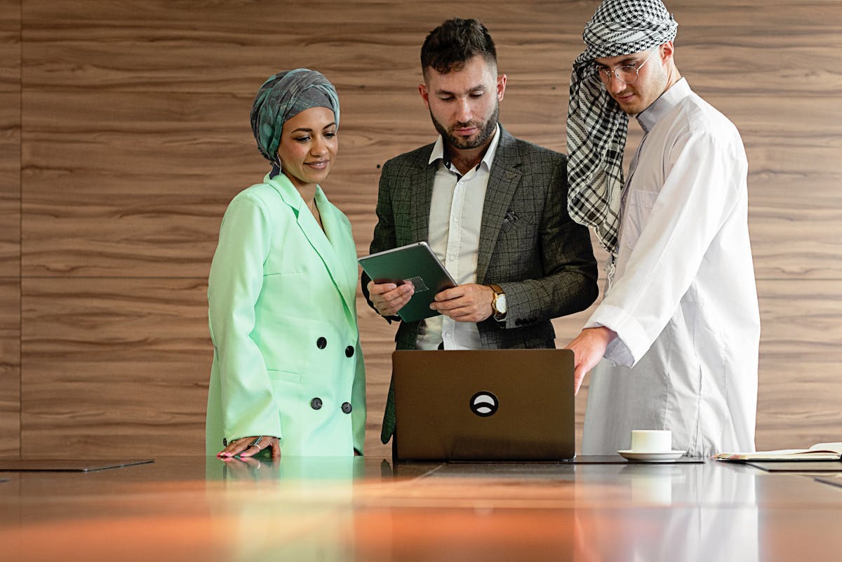 Multicultural professionals collaborating to represent a global business perspective